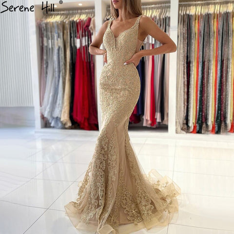 Gold Mermaid Luxury Evening Dressese Gowns 2025 Lace Beaded Elegant For Women Party LA71348