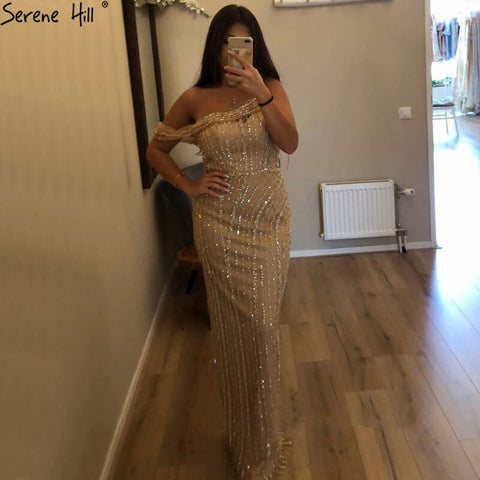 Gold Mermaid Sexy Evening Dresses Dubai One Shouder Luxury Beading Sparkle Formal Dress LA70723