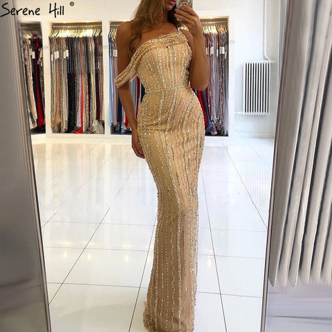 Gold Mermaid Sexy Evening Dresses Dubai One Shouder Luxury Beading Sparkle Formal Dress LA70723