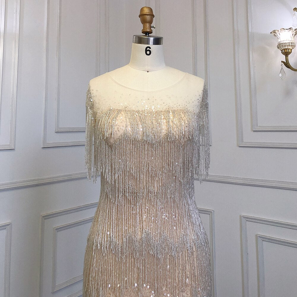 Gold Mermaid Sexy Short Skirt O-NeckElegant Dress Luxury Beaded Tassel Gowns 2025 For Women Party LA71734