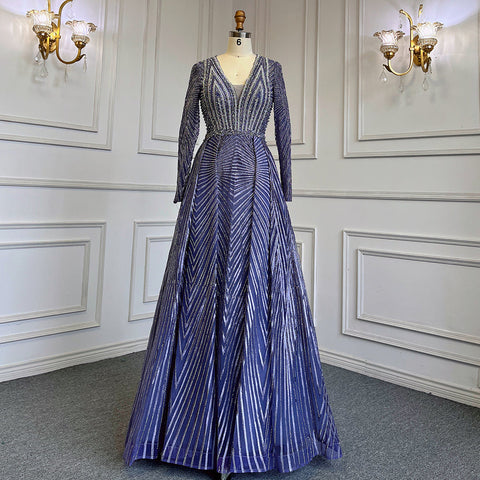 Gold Muslim A-Line V-Necck Evening Dresses Long Arm Gowns Luxury Beaded 2025 For Women Party LA71701