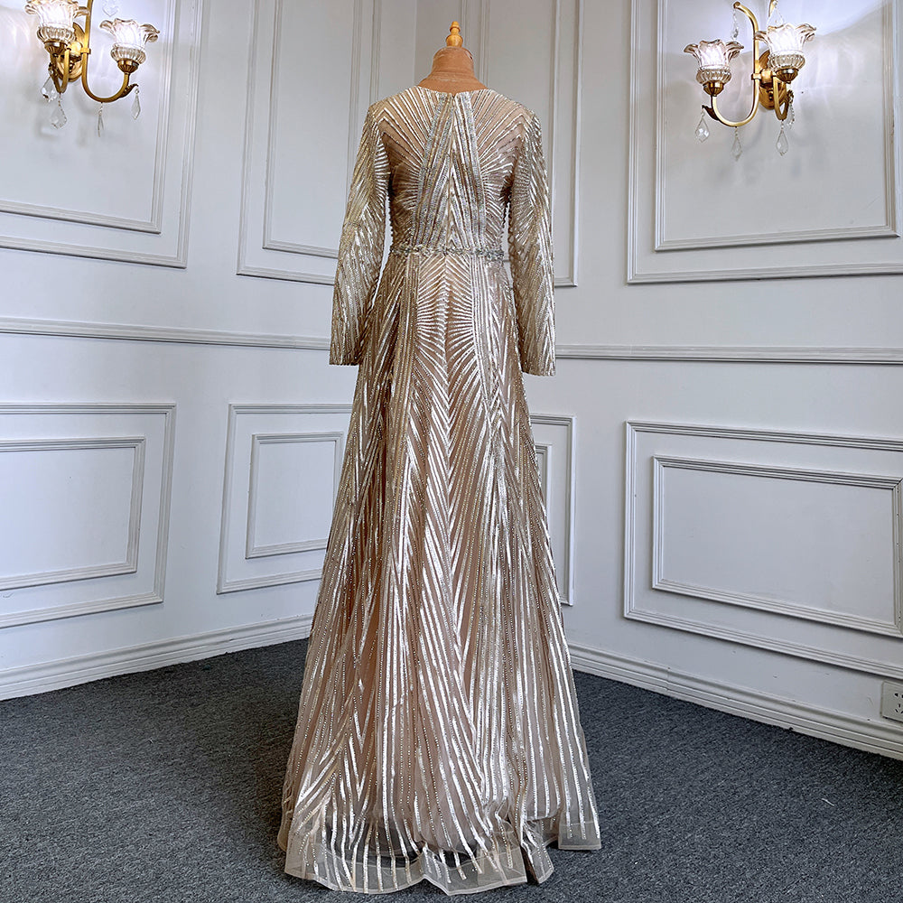 Gold Muslim A-Line V-Necck Evening Dresses Long Arm Gowns Luxury Beaded 2025 For Women Party LA71701