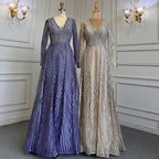 Gold Muslim A-Line V-Necck Evening Dresses Long Arm Gowns Luxury Beaded 2025 For Women Party LA71701