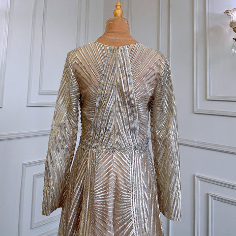 Gold Muslim A-Line V-Necck Evening Dresses Long Arm Gowns Luxury Beaded 2025 For Women Party LA71701