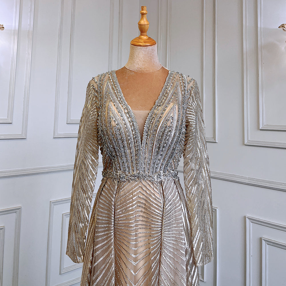 Gold Muslim A-Line V-Necck Evening Dresses Long Arm Gowns Luxury Beaded 2025 For Women Party LA71701