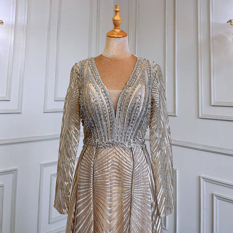 Gold Muslim A-Line V-Necck Evening Dresses Long Arm Gowns Luxury Beaded 2025 For Women Party LA71701