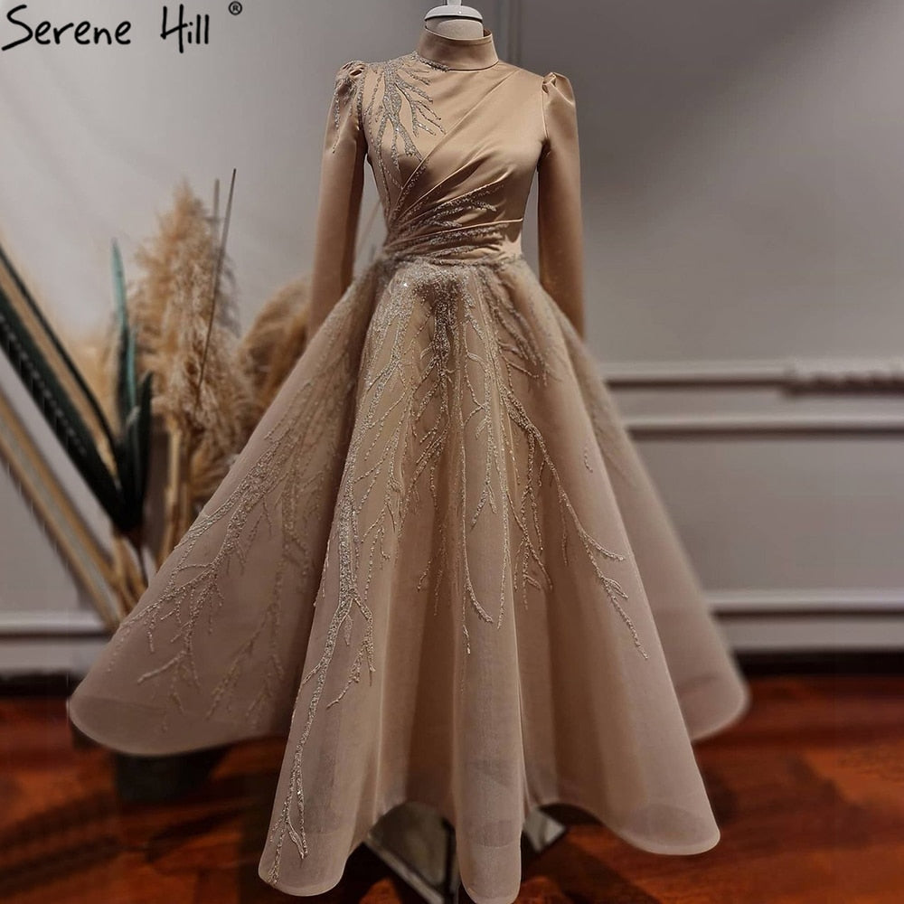 Gold Muslim Ankle Length Evening Dresses Gowns 2025 Sparkle  Beading Luxury For Women Party LA71064