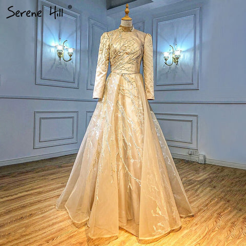Gold Muslim Ankle Length Evening Dresses Gowns 2025 Sparkle  Beading Luxury For Women Party LA71064