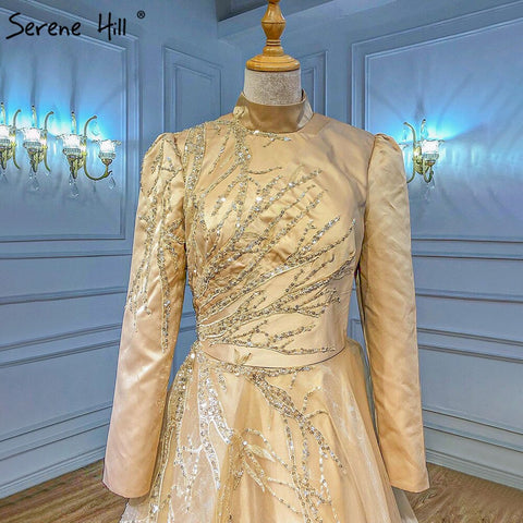Gold Muslim Ankle Length Evening Dresses Gowns 2025 Sparkle  Beading Luxury For Women Party LA71064