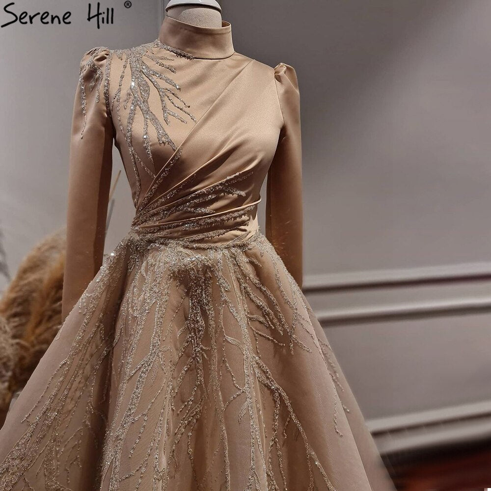 Gold Muslim Ankle Length Evening Dresses Gowns 2025 Sparkle  Beading Luxury For Women Party LA71064
