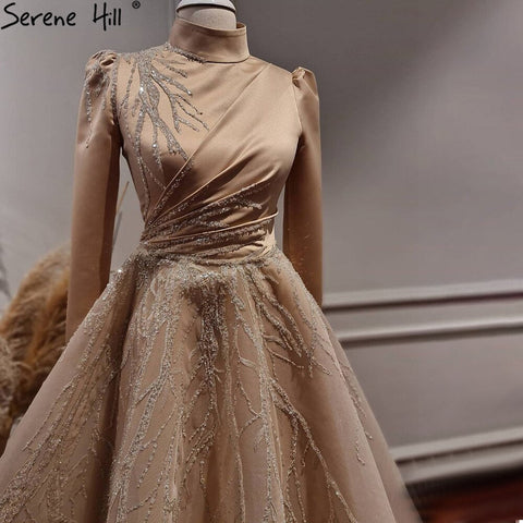 Gold Muslim Ankle Length Evening Dresses Gowns 2025 Sparkle  Beading Luxury For Women Party LA71064