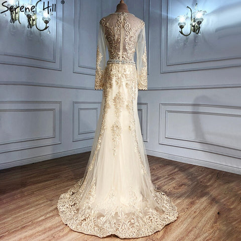 Gold Muslim Beaded Evening Dresses Gowns 2025 Mermaid Elegant For Women Wedding Party LA71082