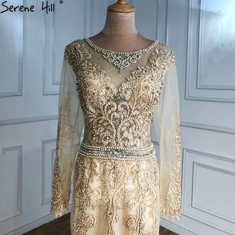 Gold Muslim Beaded Evening Dresses Gowns 2025 Mermaid Elegant For Women Wedding Party LA71082