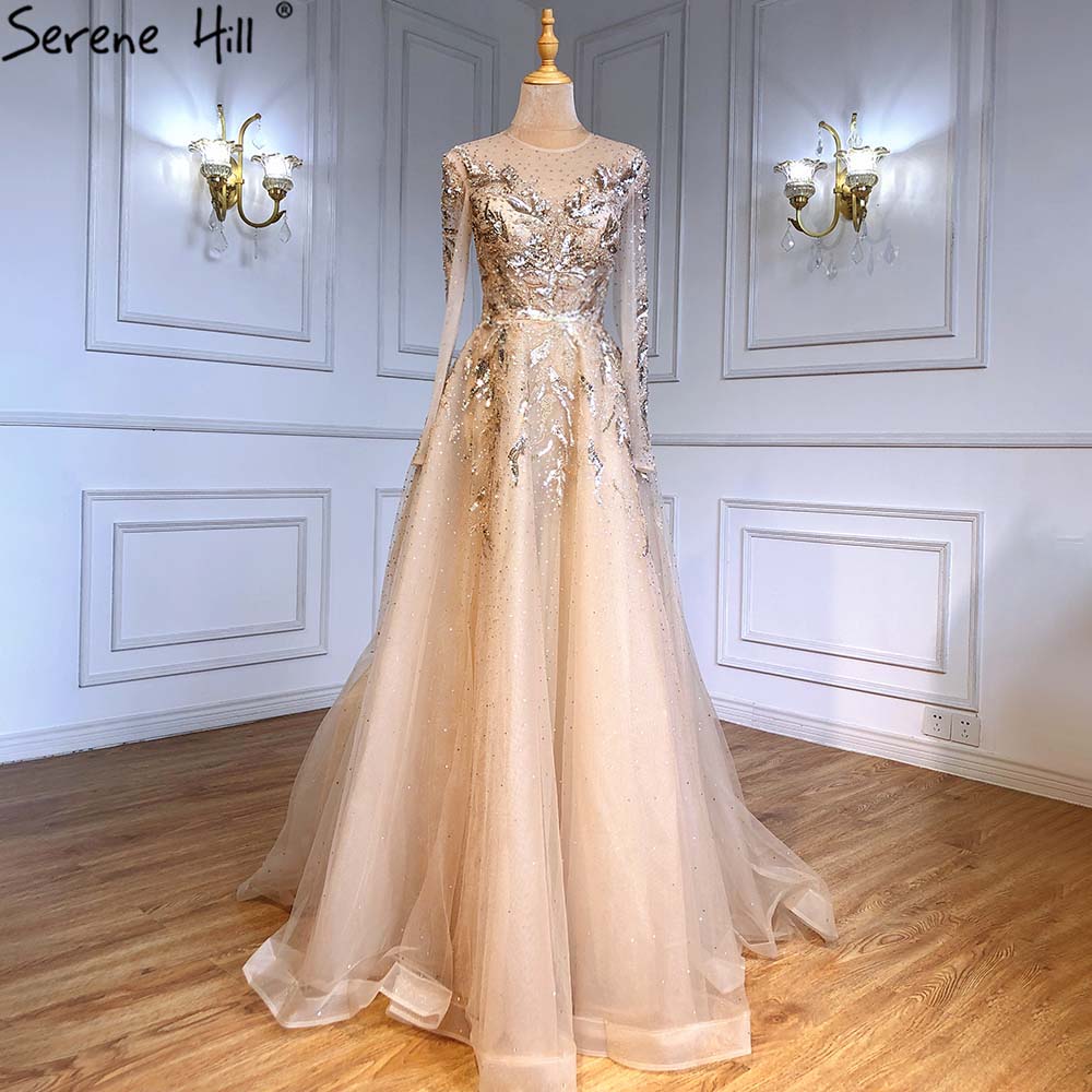 Gold Muslim Luxury Evening Dresses Gowns 2025 A-Line Beaded Sparkle For Women Party  LA71387