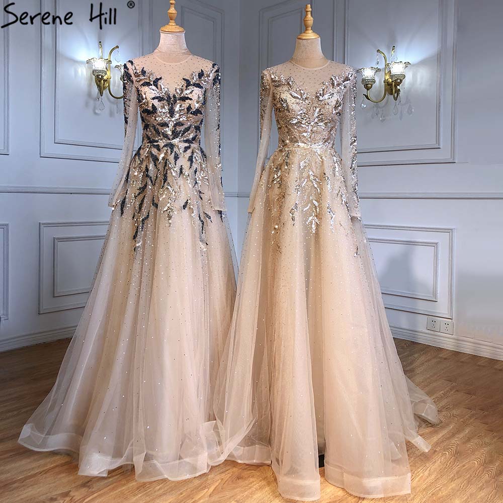 Gold Muslim Luxury Evening Dresses Gowns 2025 A-Line Beaded Sparkle For Women Party  LA71387