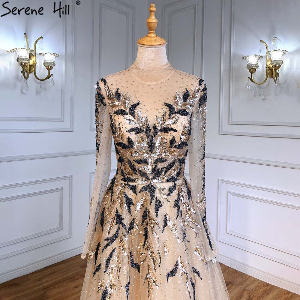 Gold Muslim Luxury Evening Dresses Gowns 2025 A-Line Beaded Sparkle For Women Party  LA71387