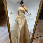 Gold O-neck Long Sleeves Mermaid Beaded Overskirt Evening Dresses Formal Party Gowns For Women 2025 LA72087
