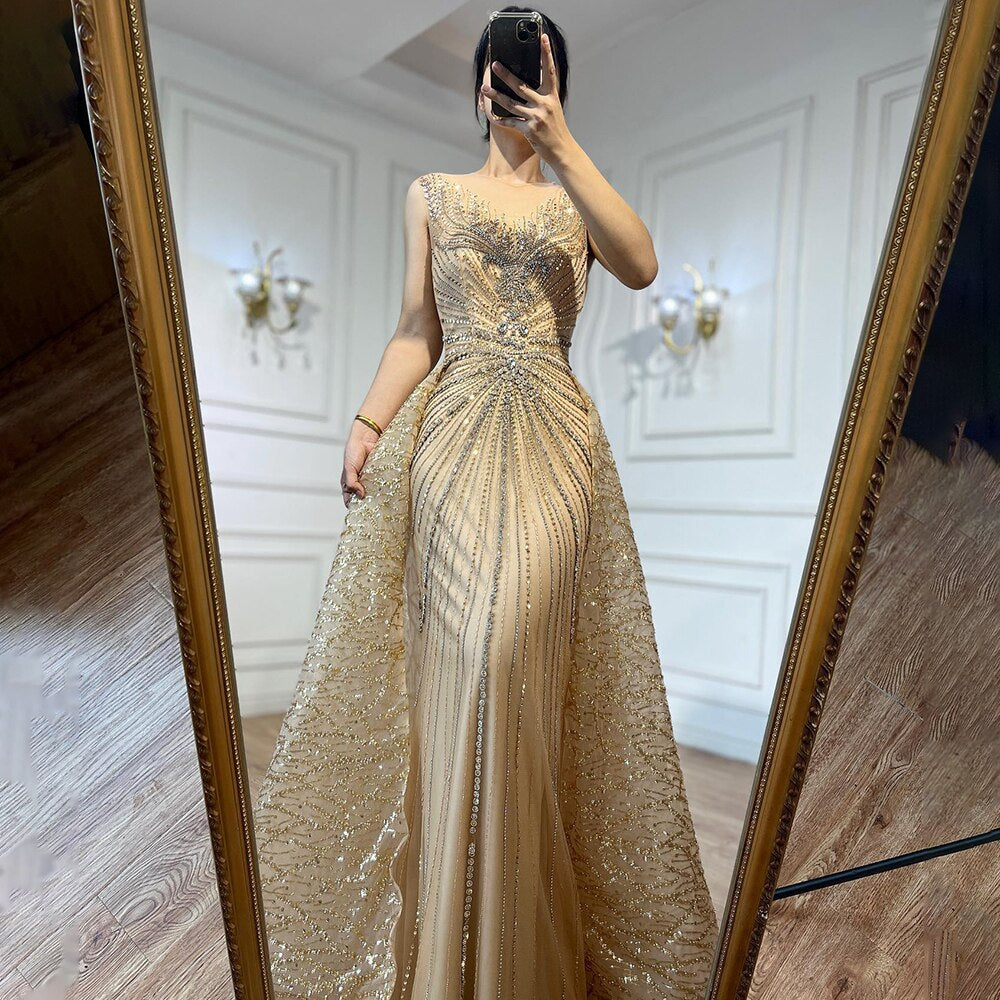 Gold O-neck Long Sleeves Mermaid Beaded Overskirt Evening Dresses Formal Party Gowns For Women 2025 LA72087