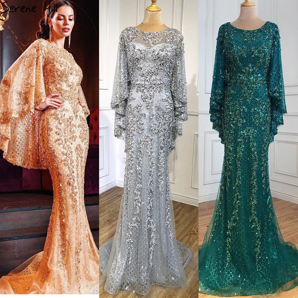 Gold Plus Size  Mermaid Elegant Luxury Evening Dresses Gowns 2025 Pearls Beading With Cape For Women Party LA70738