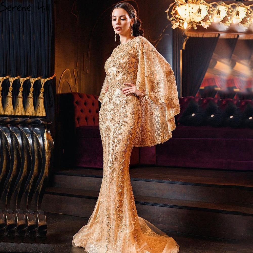 Gold Plus Size  Mermaid Elegant Luxury Evening Dresses Gowns 2025 Pearls Beaded With Cape For Women Party LA70738
