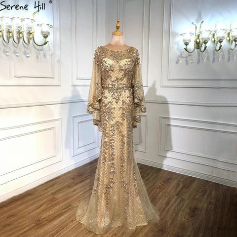 Gold Plus Size  Mermaid Elegant Luxury Evening Dresses Gowns 2025 Pearls Beaded With Cape For Women Party LA70738