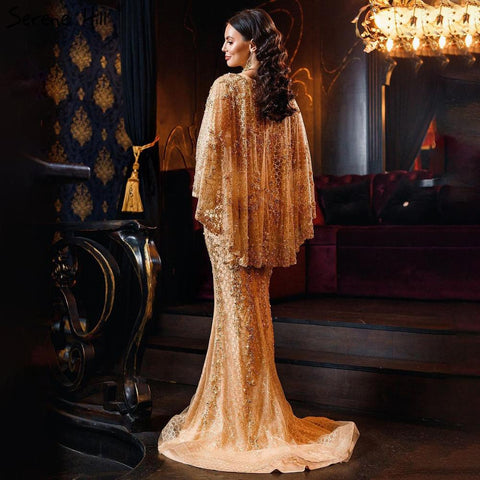 Gold Plus Size  Mermaid Elegant Luxury Evening Dresses Gowns 2025 Pearls Beaded With Cape For Women Party LA70738