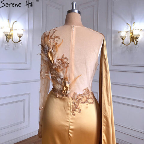 Gold Satin Cape Sleeves Split Evening Dresses Gowns 2025 Elegant Beaded Mermaid Gowns For Women Party LA71183
