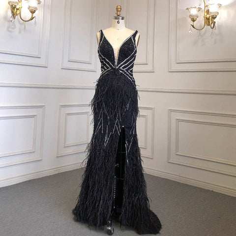 Gold Sexy High Split Mermaid Evening Dresses Gowns Backless Luxury Beaded Feather 2025 For Women Party LA71583