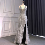 Gold Sexy High Split Mermaid Evening Dresses Gowns Backless Luxury Beaded Feather 2025 For Women Party LA71583