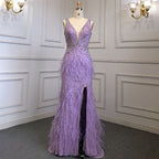 Gold Sexy High Split Mermaid Evening Dresses Gowns Backless Luxury Beaded Feather 2025 For Women Party LA71583