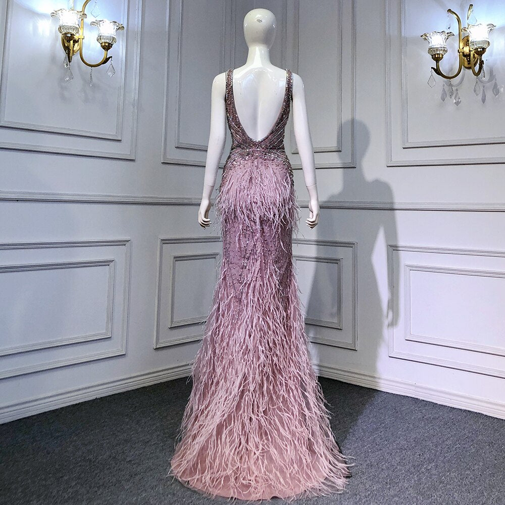 Gold Sexy High Split Mermaid Evening Dresses Gowns Backless Luxury Beaded Feather 2025 For Women Party LA71583