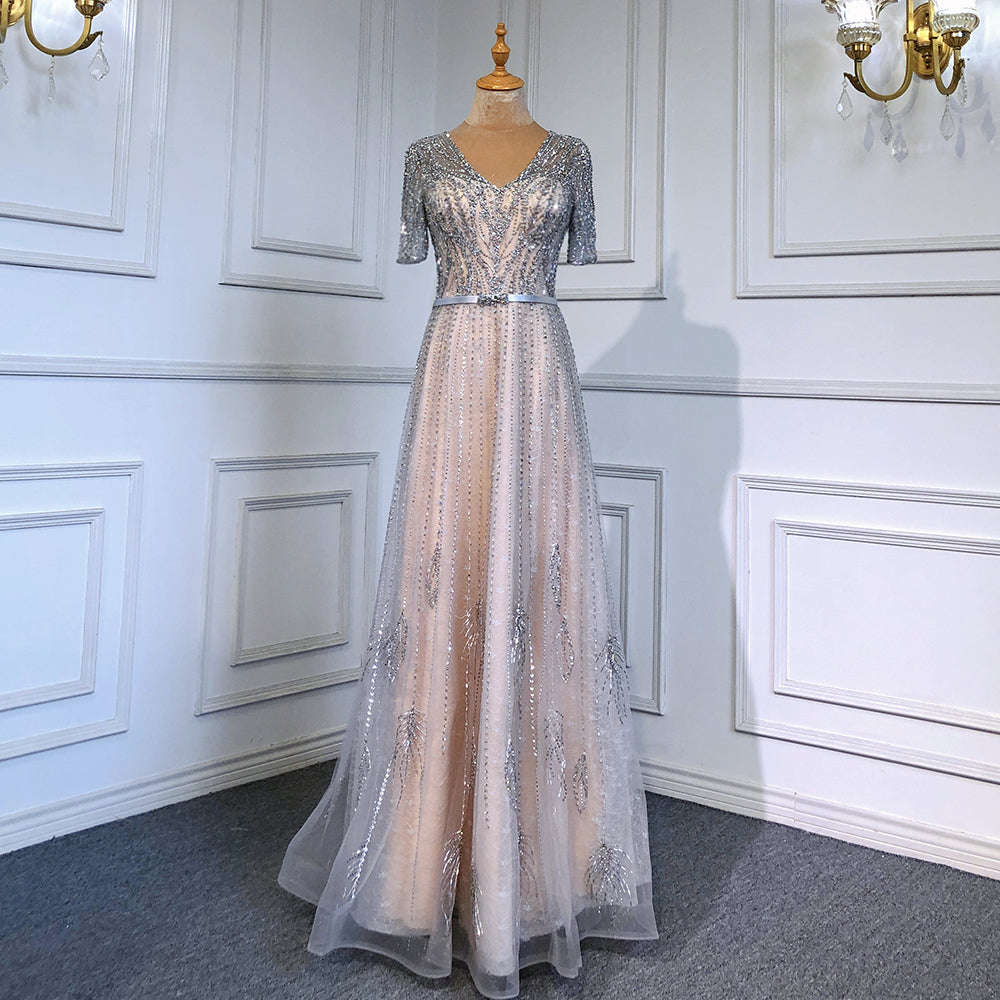 Gold Short Sleeves Evening Dresses Gowns 2025 Luxury Beaded A-Line For Woman Party  LA71602