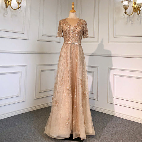 Gold Short Sleeves Evening Dresses Gowns 2025 Luxury Beaded A-Line For Woman Party  LA71602
