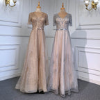 Gold Short Sleeves Evening Dresses Gowns 2025 Luxury Beaded A-Line For Woman Party  LA71602