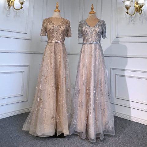 Gold Short Sleeves Evening Dresses Gowns 2025 Luxury Beaded A-Line For Woman Party  LA71602