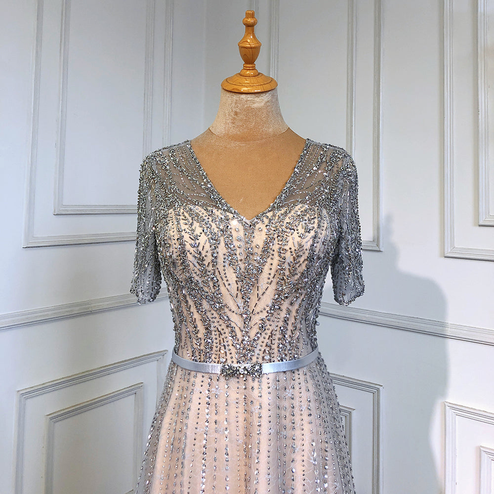 Gold Short Sleeves Evening Dresses Gowns 2025 Luxury Beaded A-Line For Woman Party  LA71602
