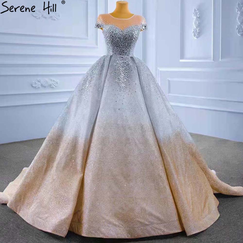 Gold Silver Luxury Wedding Dresses 2025 Cap Sleeve Beaded Crystal Bride Gowns HM67362 Custom Made