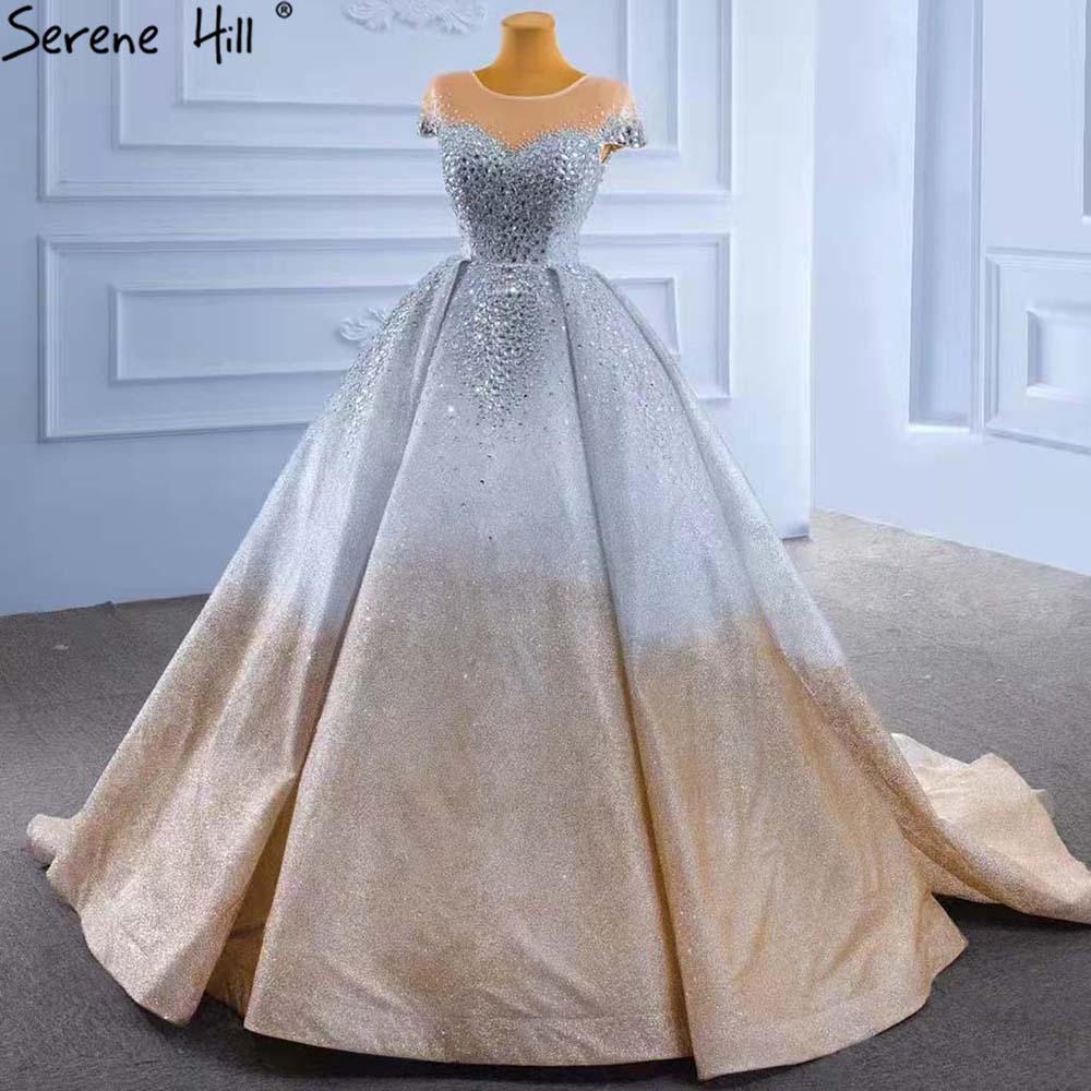 Gold Silver Luxury Wedding Dresses 2025 Cap Sleeve Beaded Crystal Bride Gowns HM67362 Custom Made