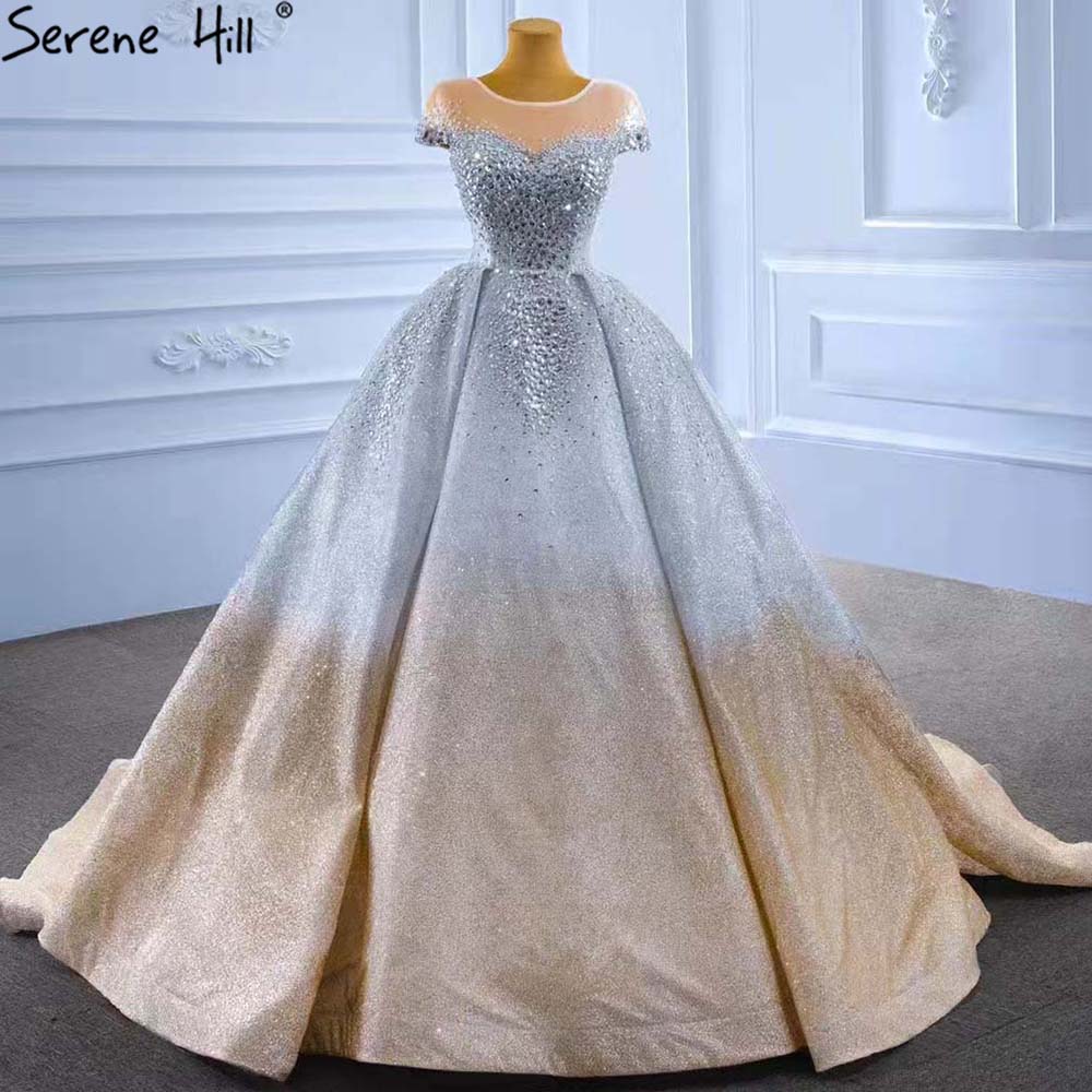 Gold Silver Luxury Wedding Dresses 2025 Cap Sleeve Beaded Crystal Bride Gowns HM67362 Custom Made