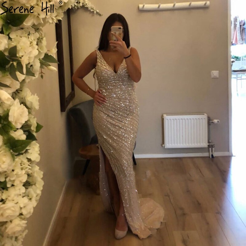 Gold V-Neck Mermaid Split l uxury Evening Dresses 2025 Dubai Sparkl  heavy  Beading Sexy Formal Dress LA70396