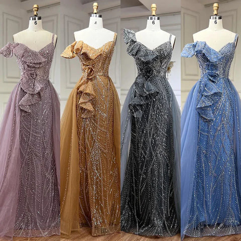 Golden Mermaid Evening Dress With Skirt - Women's Luxury Grey Beaded Spaghetti Strap Party Dress 2025 LA72341