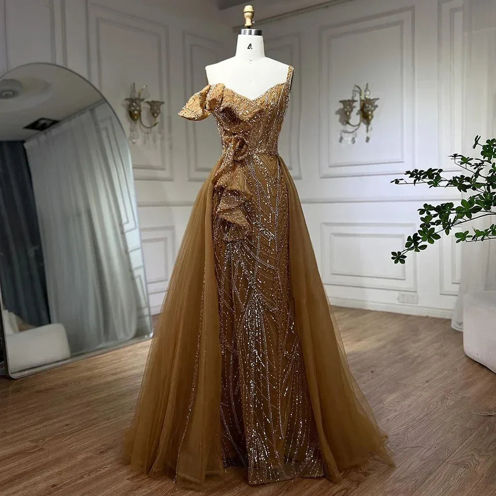 Golden Mermaid Evening Dress With Skirt - Women's Luxury Grey Beaded Spaghetti Strap Party Dress 2025 LA72341