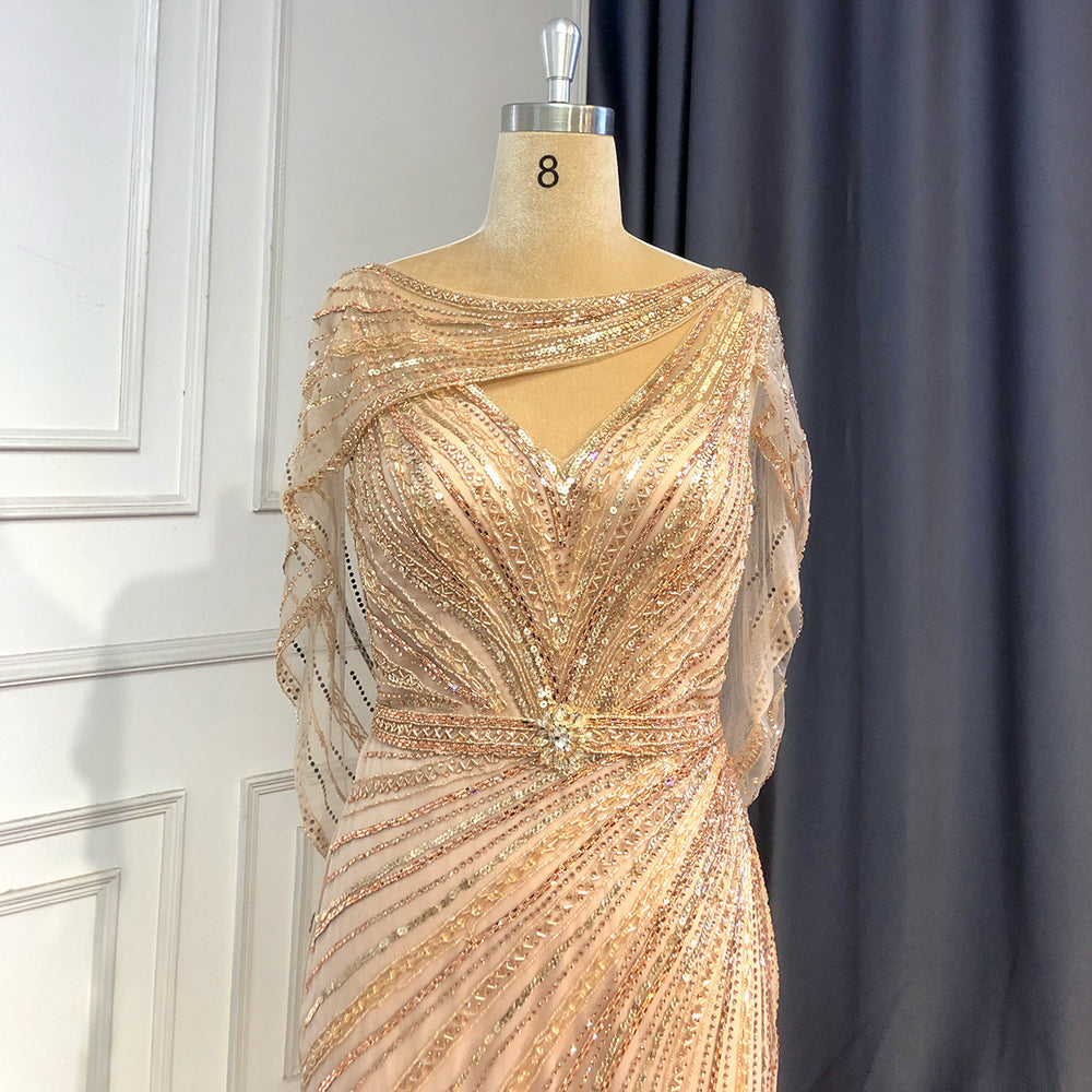 Goud Luxe Mermaid Avond Jurken 2025 Kralen V-hals Sparkle Elegante Voor Vrouwen Party LA70910A