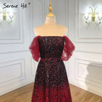 Gradual Change Wine Red Evening Dresses Gowns 2025 Beaded Bling A-Line Luxury For Women Party LA71329