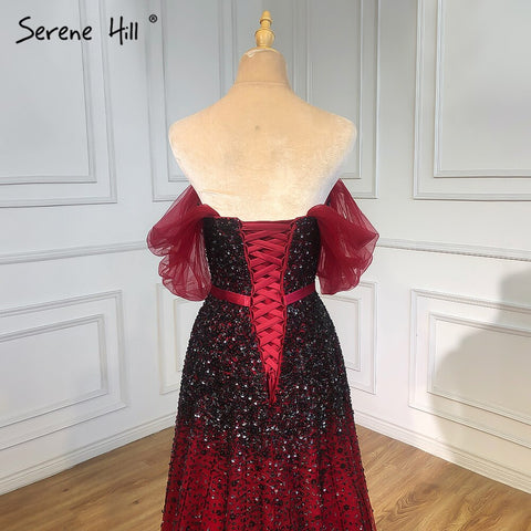 Gradual Change Wine Red Evening Dresses Gowns 2025 Beaded Bling A-Line Luxury For Women Party LA71329