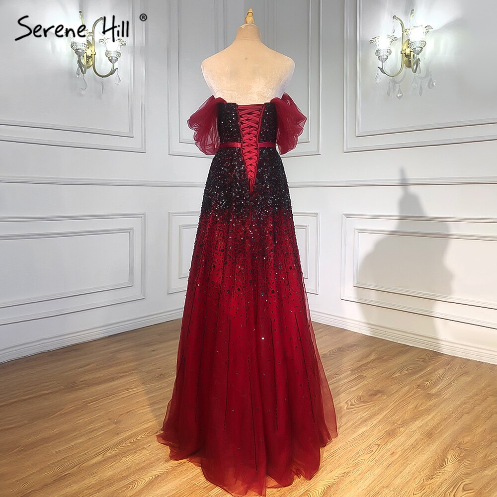 Gradual Change Wine Red Evening Dresses Gowns 2025 Beaded Bling A-Line Luxury For Women Party LA71329