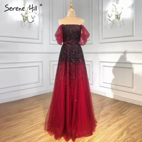 Gradual Change Wine Red Evening Dresses Gowns 2025 Beaded Bling A-Line Luxury For Women Party LA71329