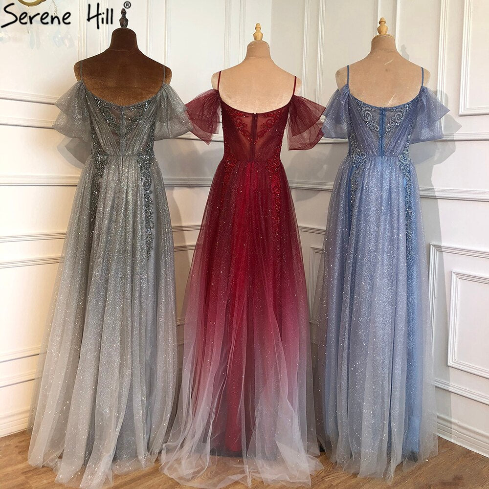 On Sale No Return No Refund Gradual Wine Red A-Line Evening Gowns 2025 Beaded Spaghetti Strap For Women Party LA70776
