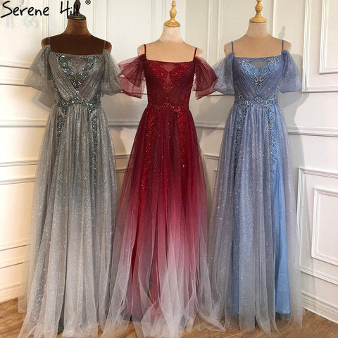 Robe de soirée trapèze rouge vin dégradée, sans retour ni remboursement, avec bretelles spaghetti et perles, pour femme, LA70776, 2025 