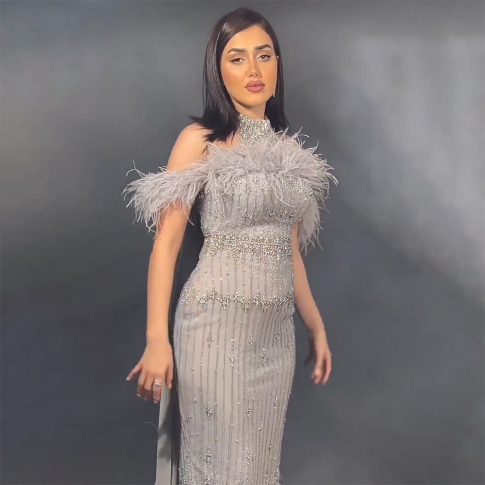 Gray Beaded Arabic Midi Ankle Length Evening Dresses  With Cape Feather Gowns 2025 For Women Wedding Party LA72060